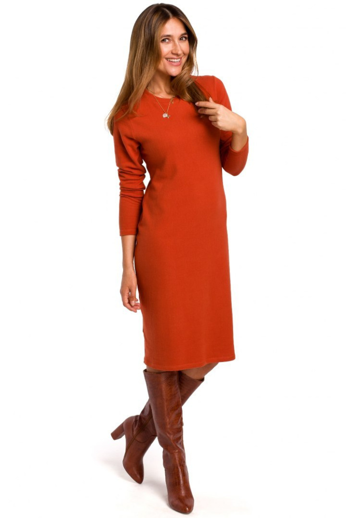 Sukienka Swetrowa - Prosta Z Długim Rękawem - ruda